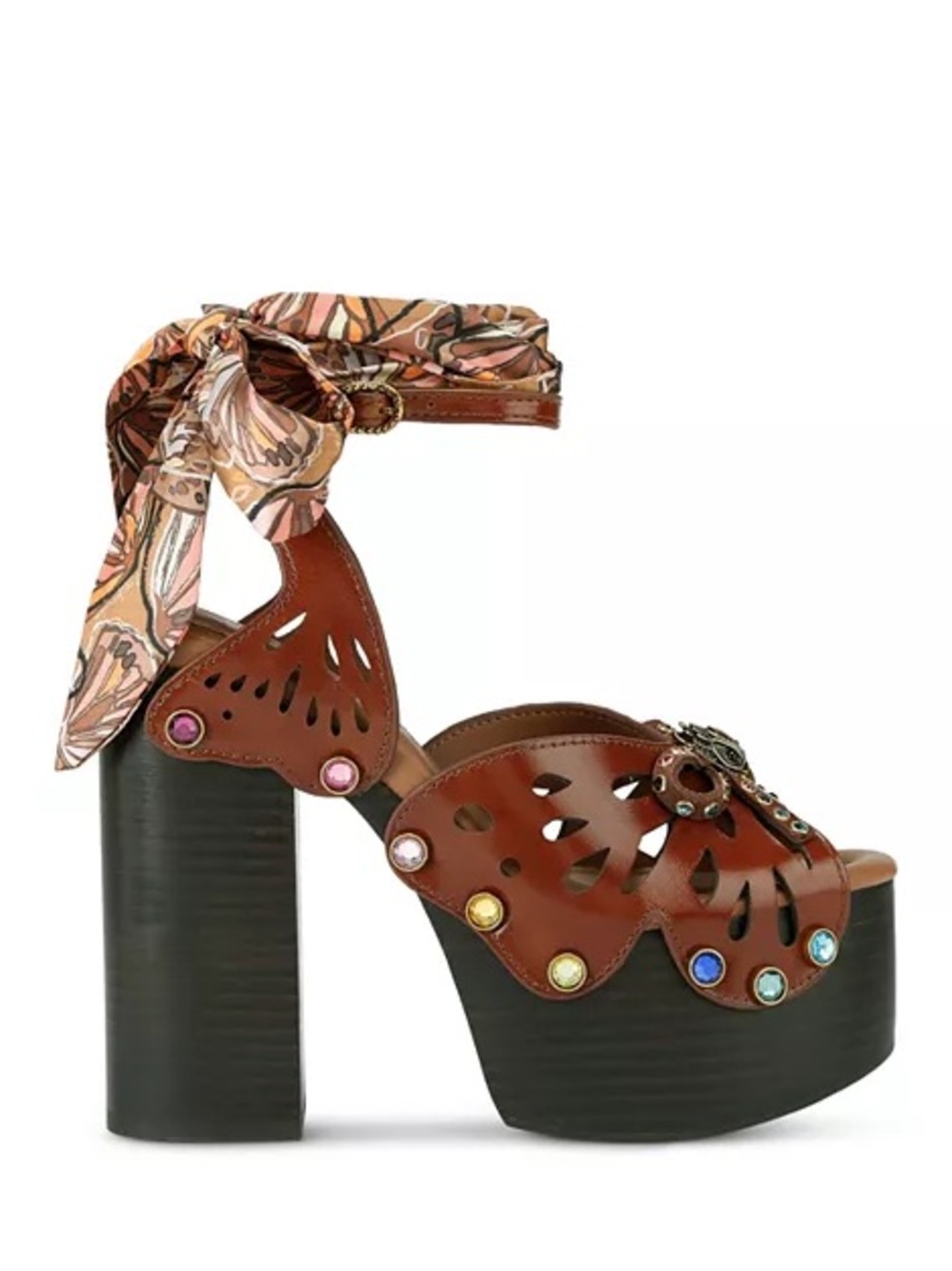 Kurt Geiger Brown  Butterfly Platform Sandals with Multicolor Gems and Scarf Tie